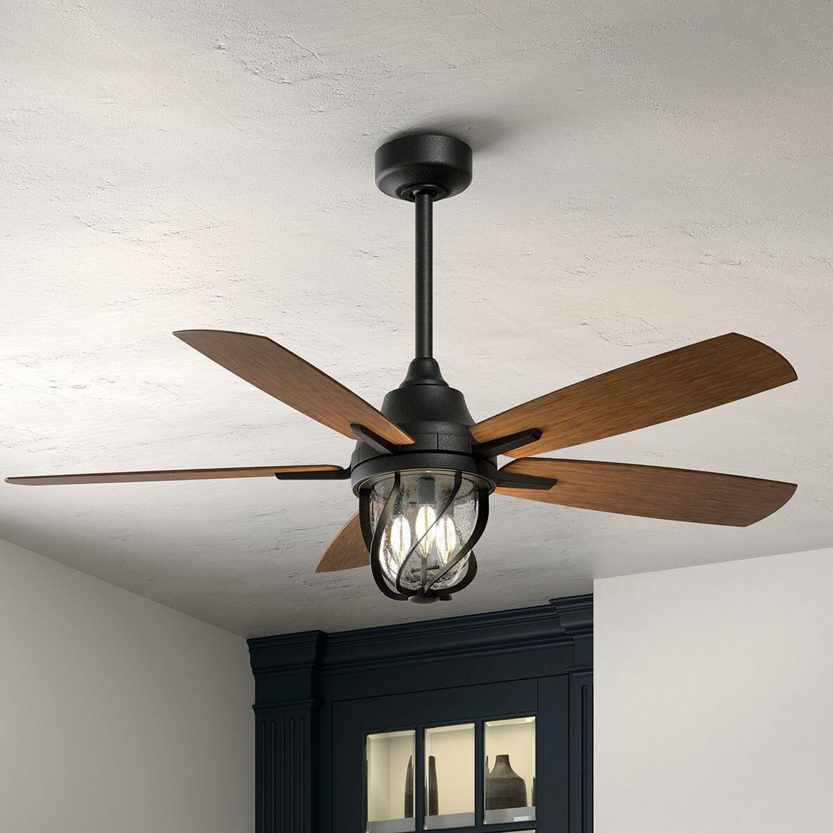 Lydra 52 Inch Distressed Black Damp Rated Cage LED Ceiling Fan with Remote - Bees Lighting