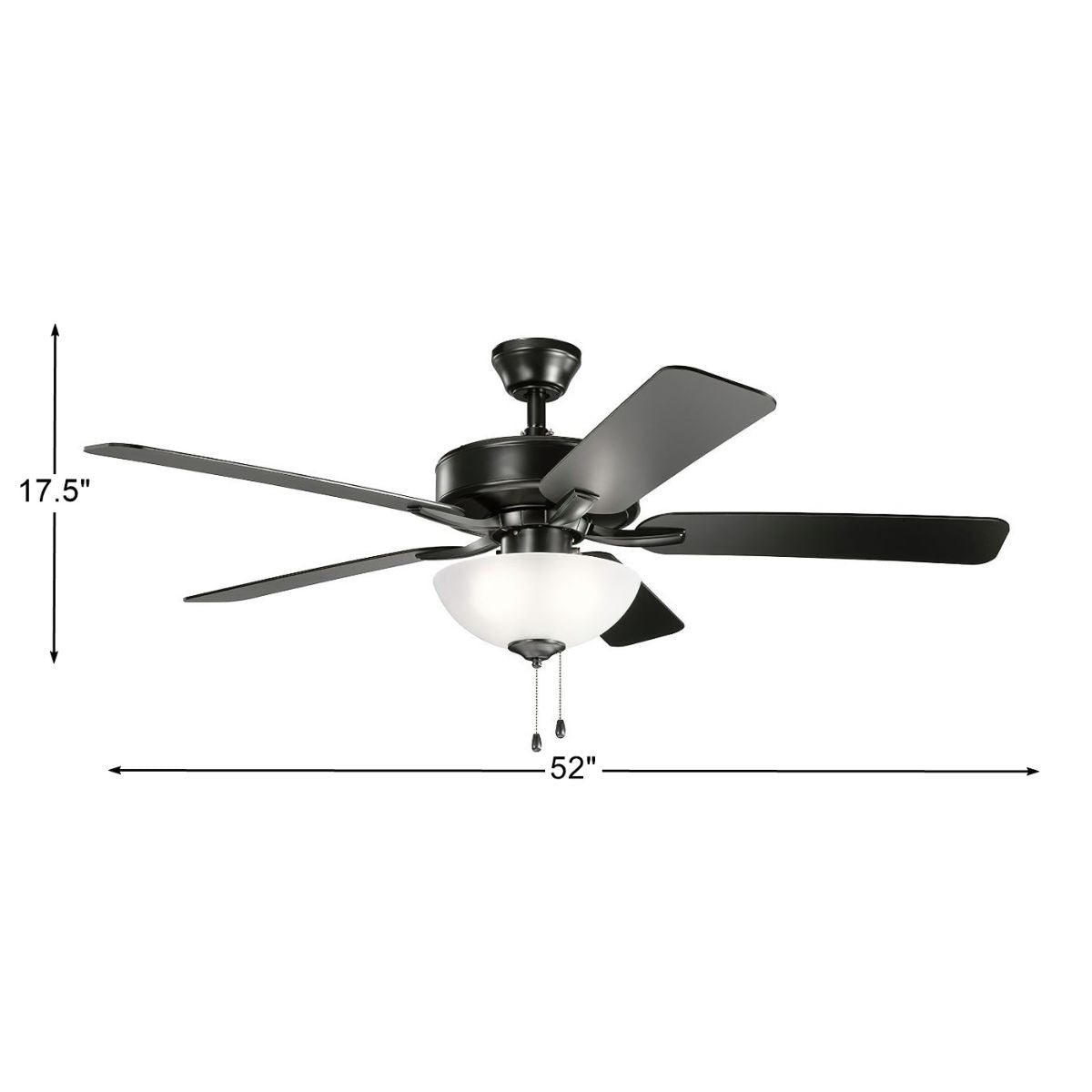 Basics Pro Select 52 Inch Satin Black Ceiling Fan with Light Kit and Pull Chain - Bees Lighting