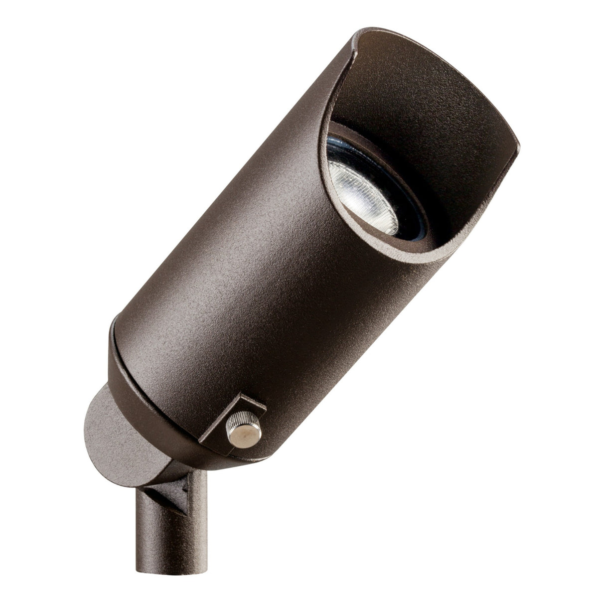 Textured architectural bronze spot/flood light with adjustable round lamp head and mounting bracket