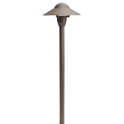 Outdoor path light with textured architectural bronze finish and wide bell-style cap