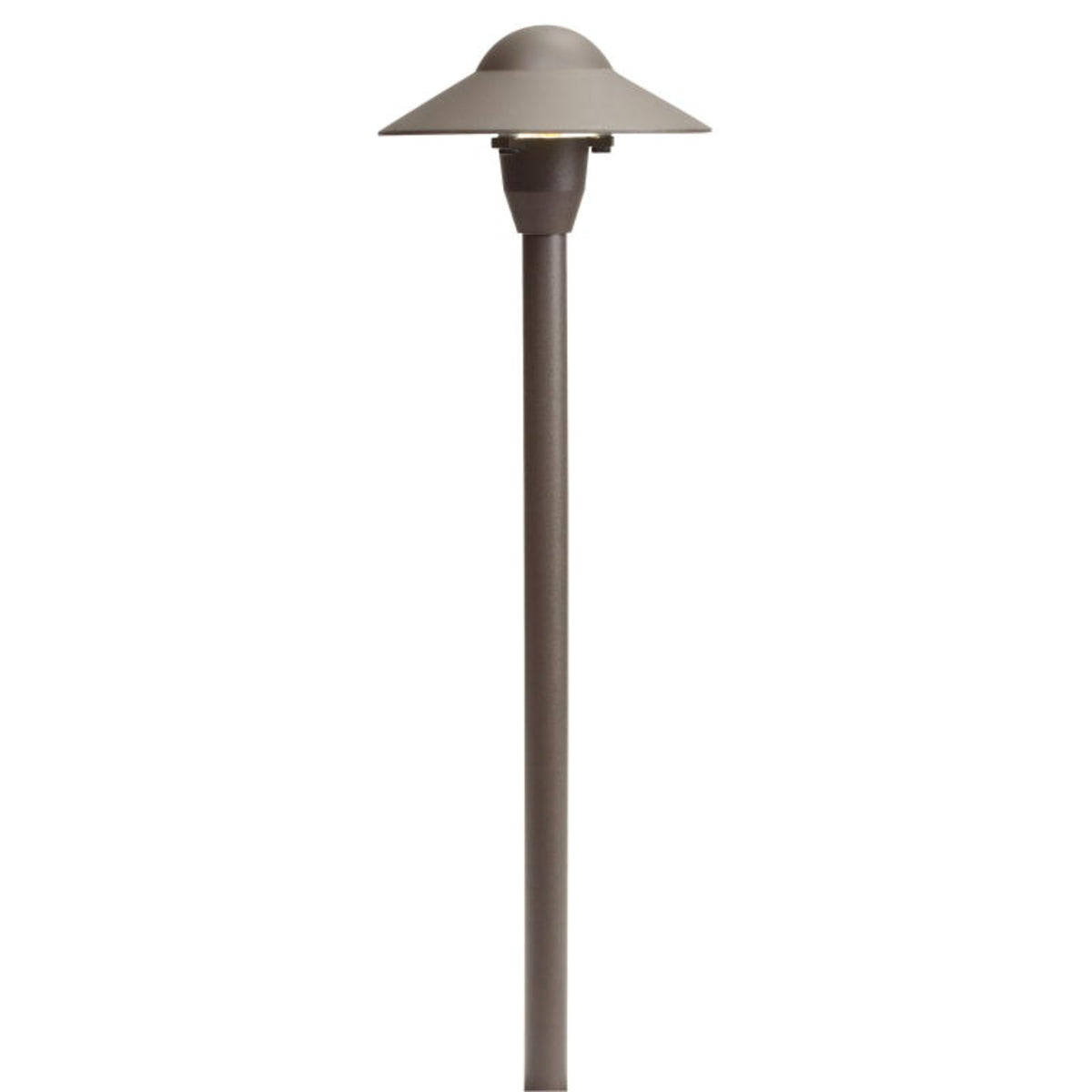 Outdoor path light with textured architectural bronze finish and wide bell-style cap