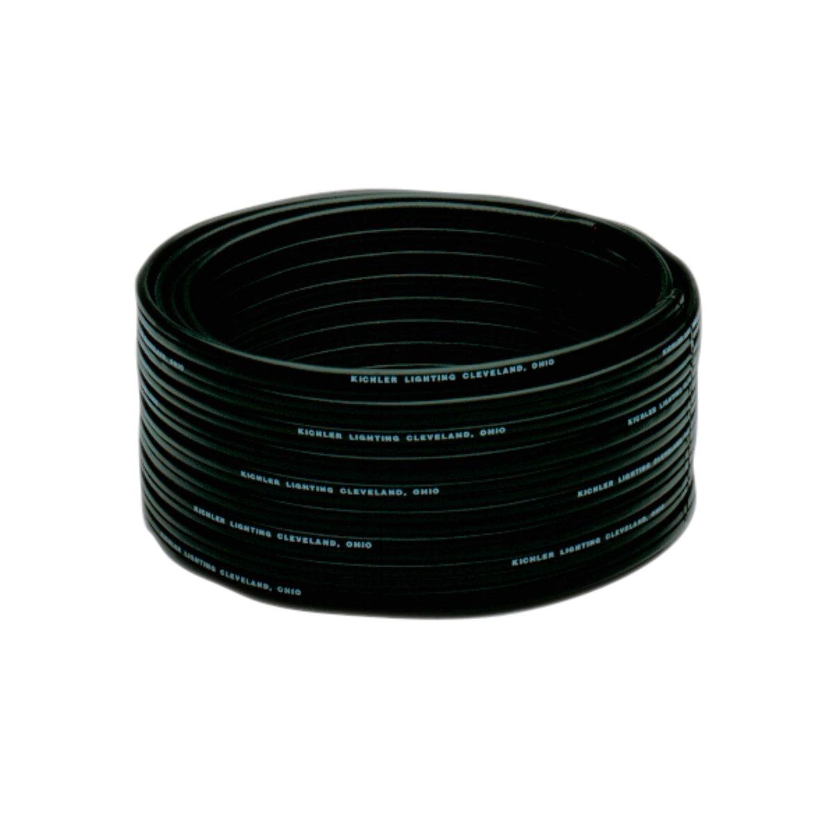 Black coiled electrical cable on a round spool