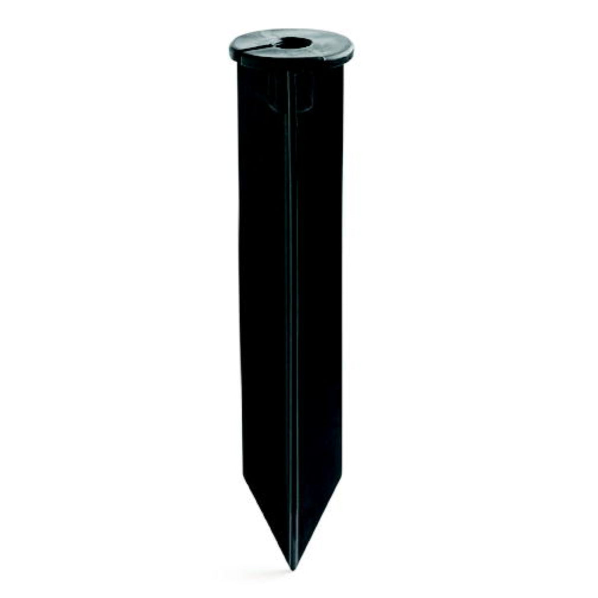 Black metal stake-style lighting accessory component with pointed tip and top hole