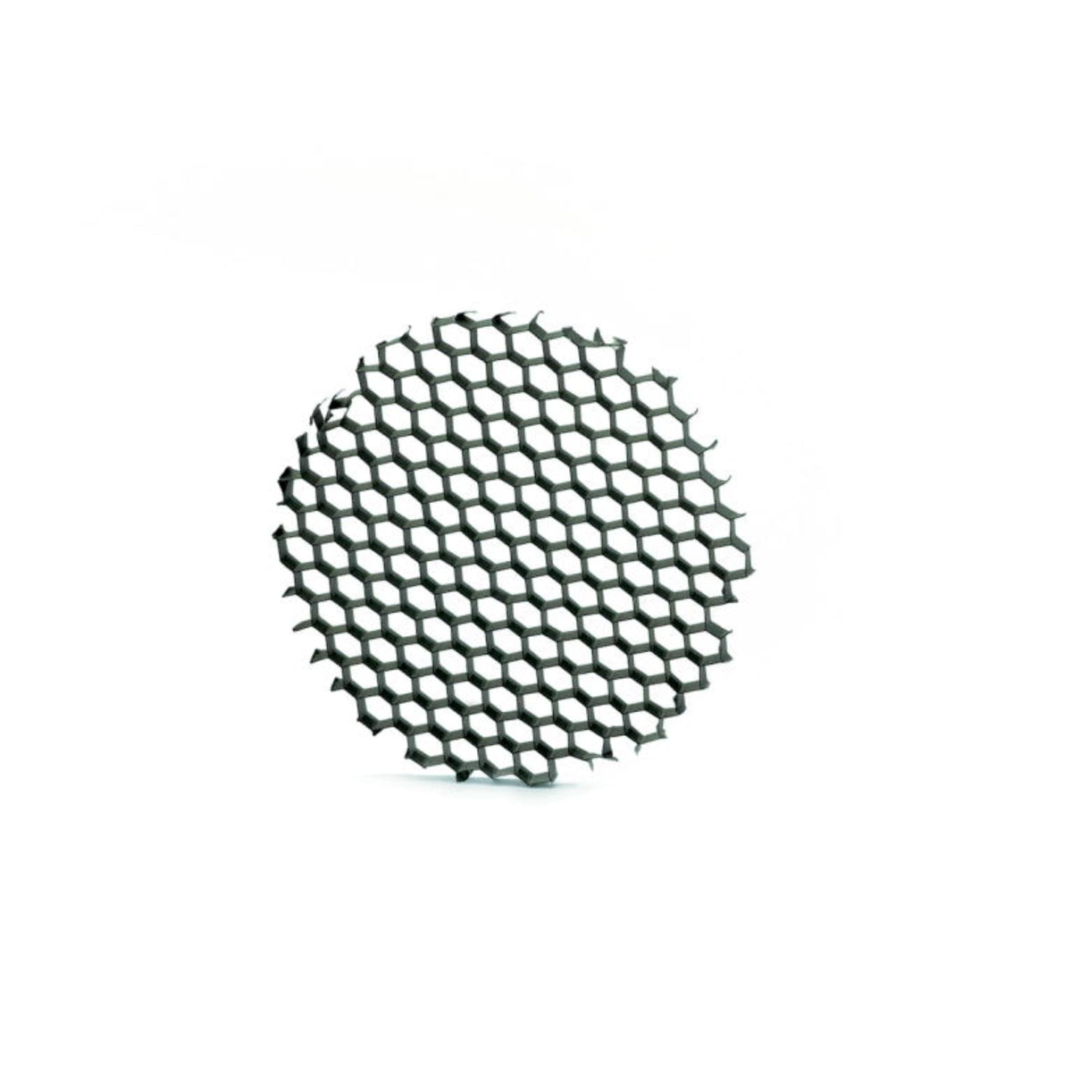 Black hexagonal mesh lighting accessory component, circular disc shape