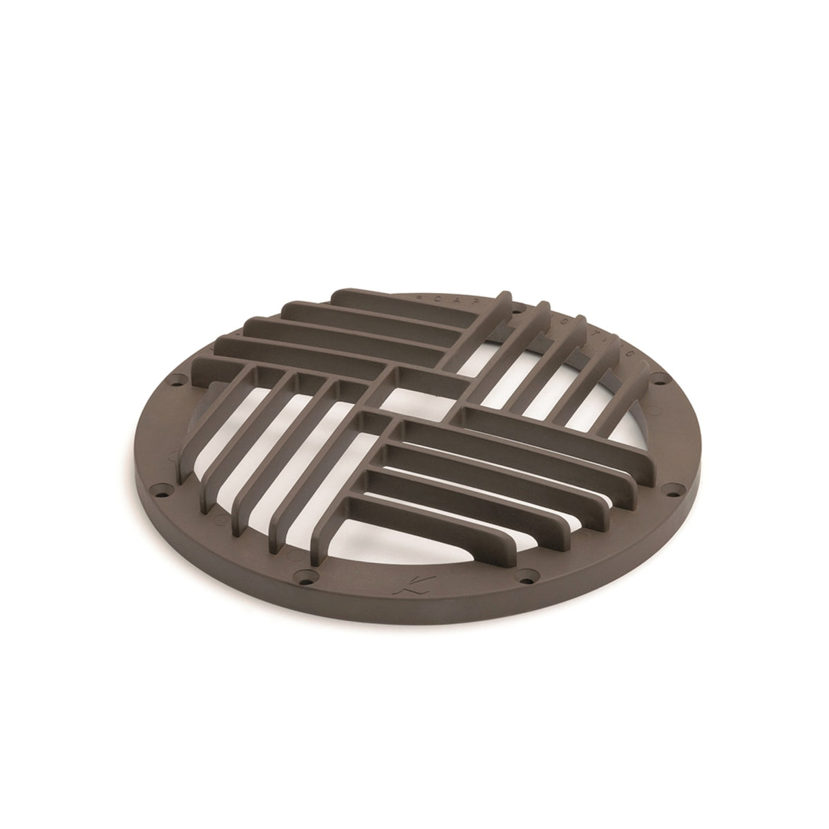 Architectural bronze circular rock guard with metal grate slats.