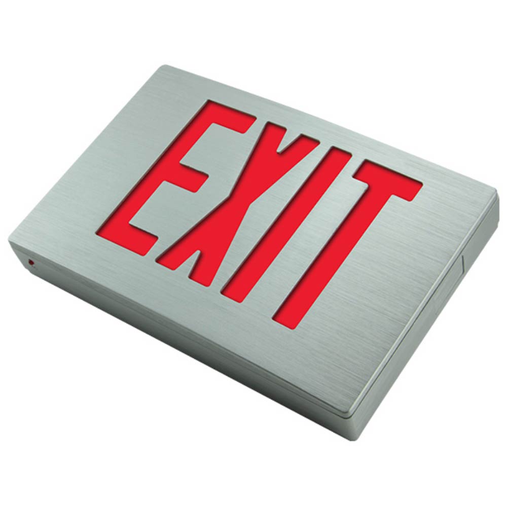 LED Exit Sign, Double Face with Red Letters, Silver Finish, Battery Backup Included