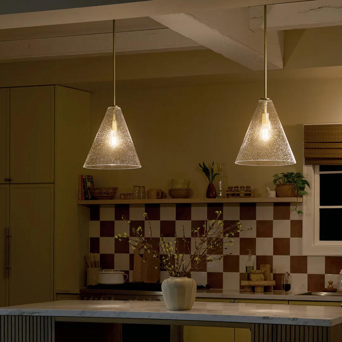 Everly 16" 1-Light Cone Pendant Light with Clear Seeded Glass, Natural Brass Finish - Bees Lighting