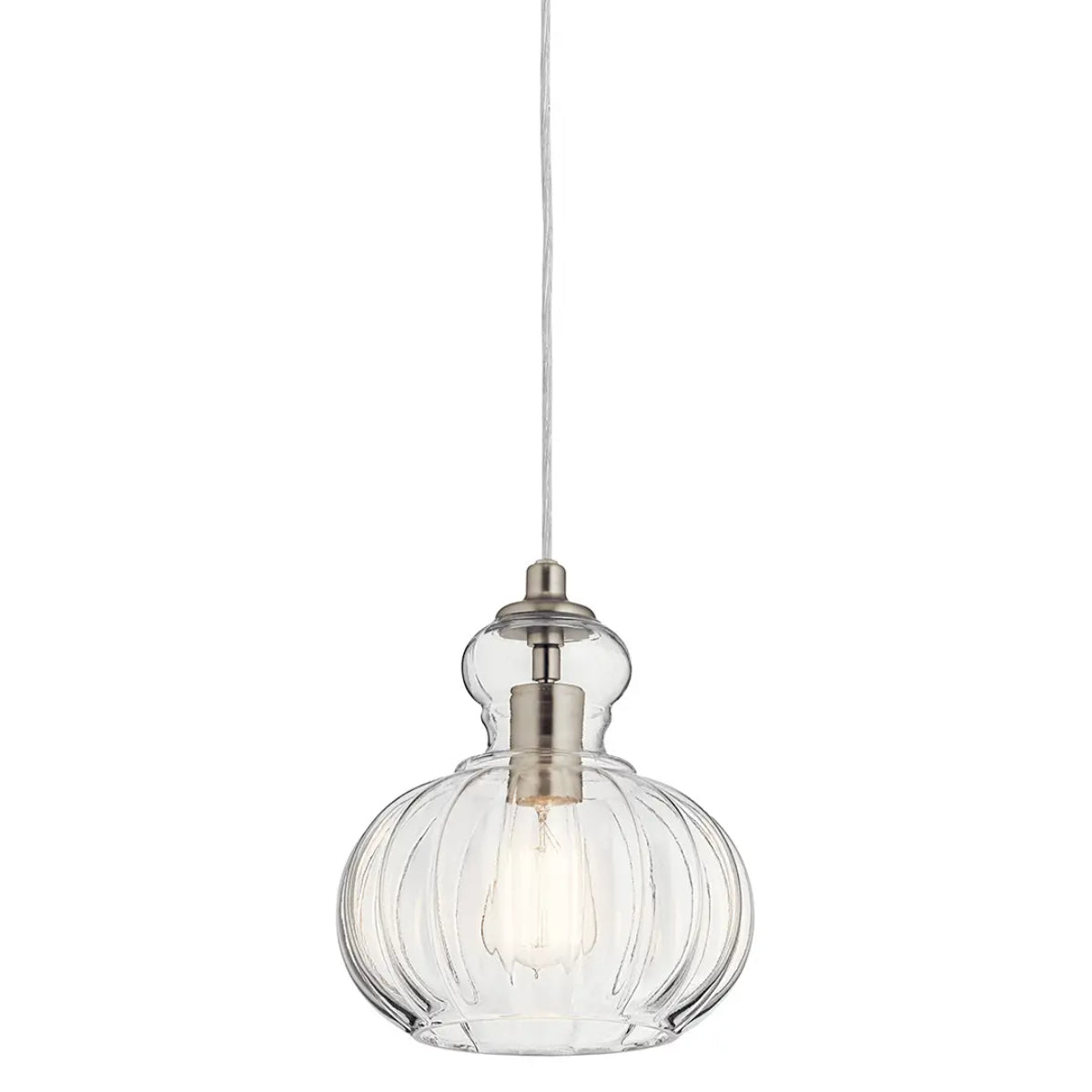 Riviera 10" 1-Light Mini Pendant Light with Clear Ribbed Glass, Brushed Nickel Finish - Bees Lighting