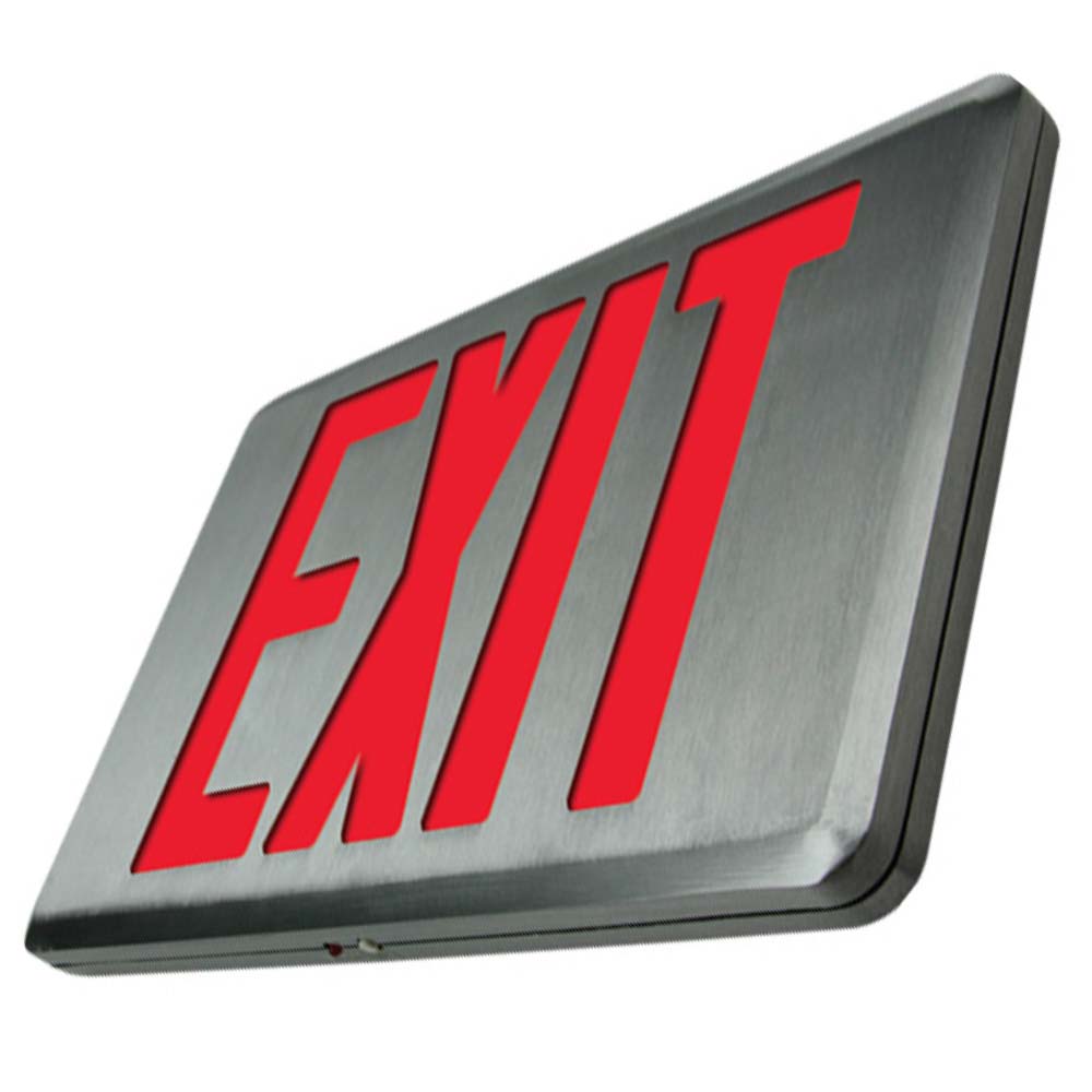 Ultra-Slim LED Exit Sign, Single Face with Red Letters, Silver Finish, Battery Backup Included