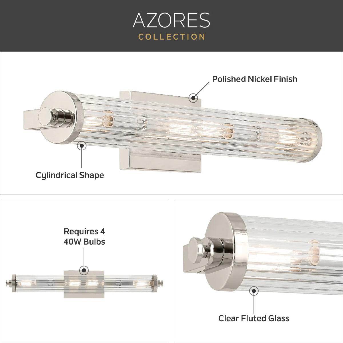 Azores 25 In 4-Lights Bathroom Vanity Light With Clear Fluted Glass, Nickel Finish - Bees Lighting