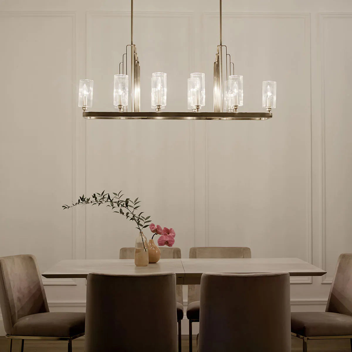 Kimrose 45" 10-Light Linear Chandelier with Clear Fluted Glass, Brushed Natural Brass Finish - Bees Lighting