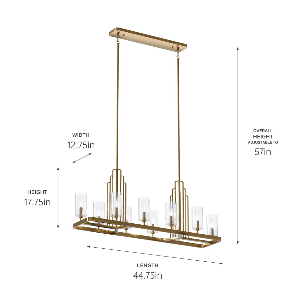 Kimrose 45" 10-Light Linear Chandelier with Clear Fluted Glass, Brushed Natural Brass Finish - Bees Lighting