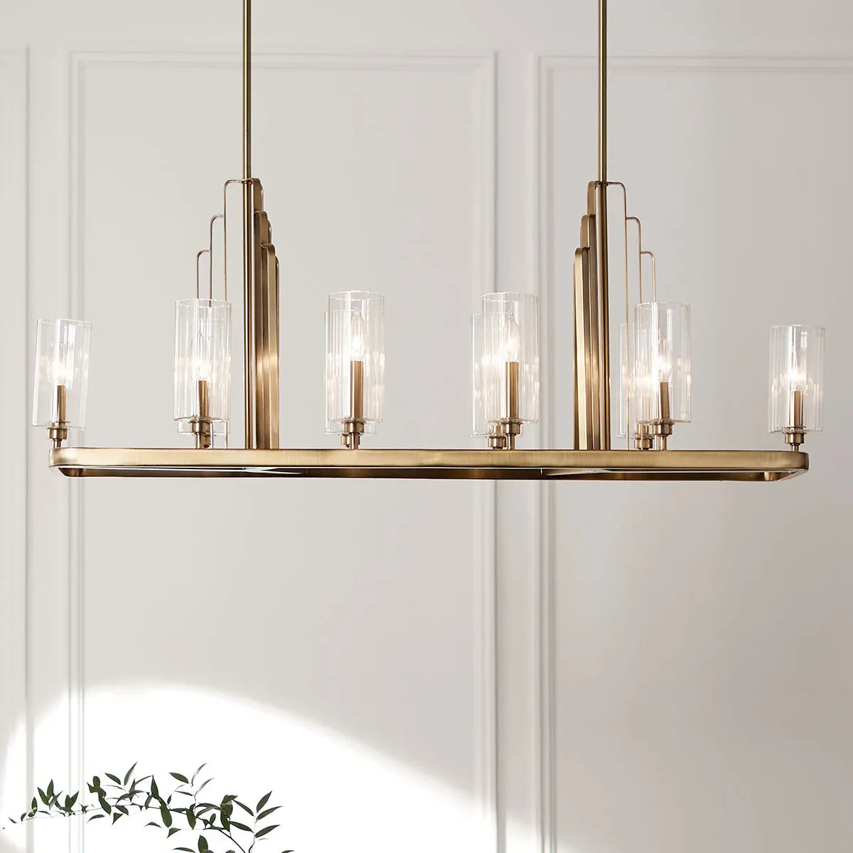 Kimrose 45" 10-Light Linear Chandelier with Clear Fluted Glass, Brushed Natural Brass Finish - Bees Lighting