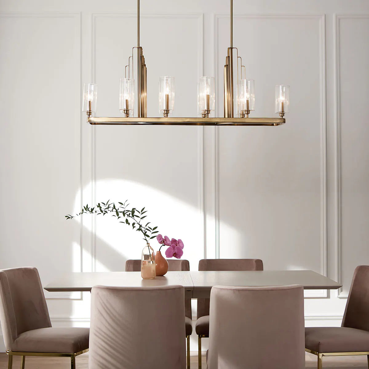 Kimrose 45" 10-Light Linear Chandelier with Clear Fluted Glass, Brushed Natural Brass Finish - Bees Lighting
