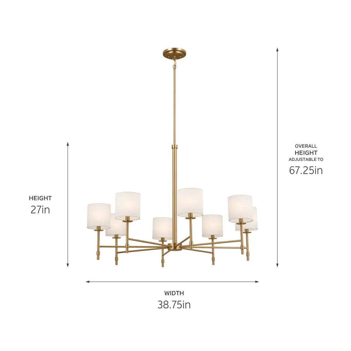 Ali 39" 8-Light Chandelier with Fabric Drum Shade, Brushed Natural Brass Finish - Bees Lighting