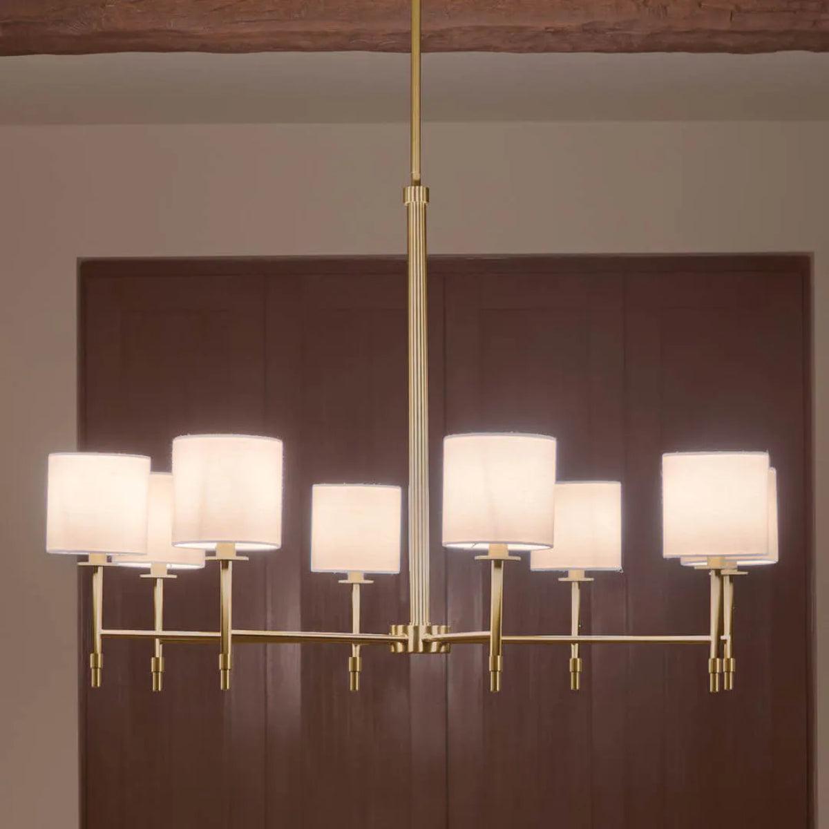 Ali 39" 8-Light Chandelier with Fabric Drum Shade, Brushed Natural Brass Finish - Bees Lighting