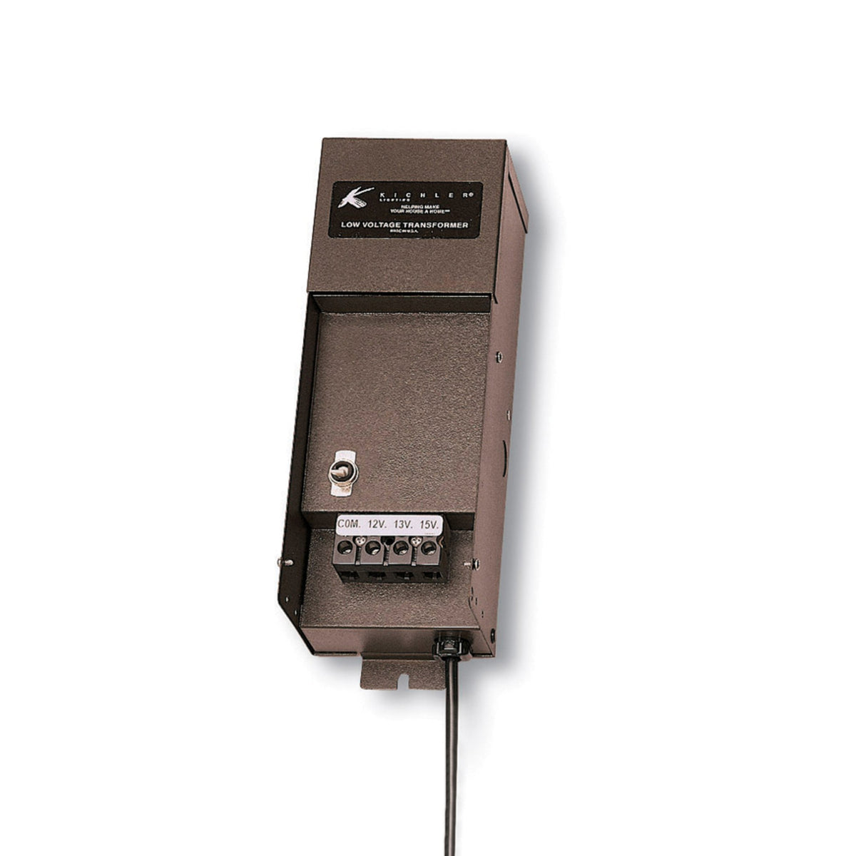 Textured bronze low-voltage transformer with terminal block and control switches