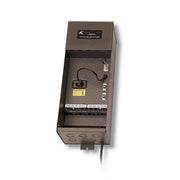 Textured architectural bronze transformer power supply box with labeled terminals and cable