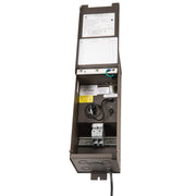 Textured bronze outdoor transformer housing with exposed wiring and terminals inside