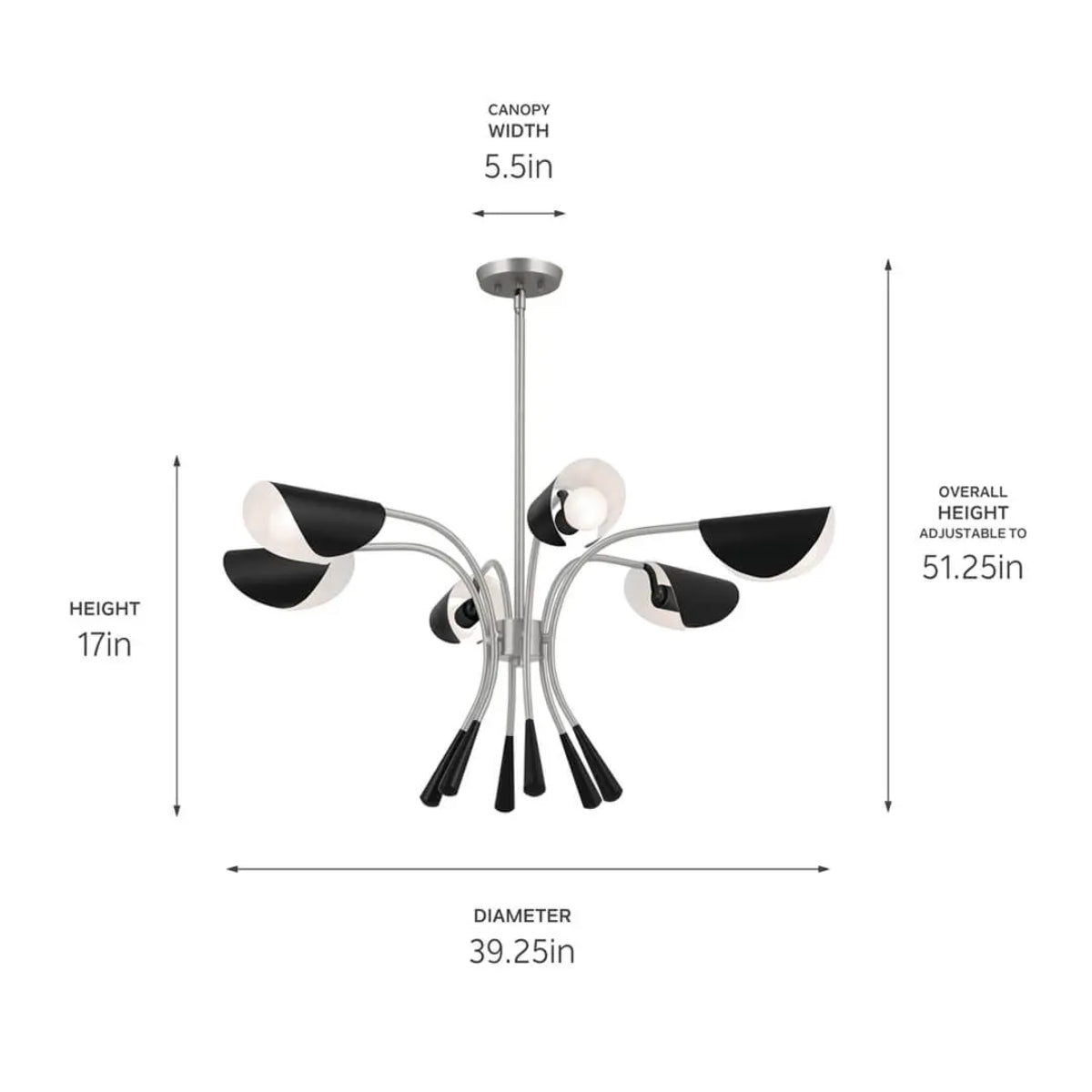 Arcus 39 in. 6 Lights Chandelier Satin Nickel Finish with Black shade - Bees Lighting
