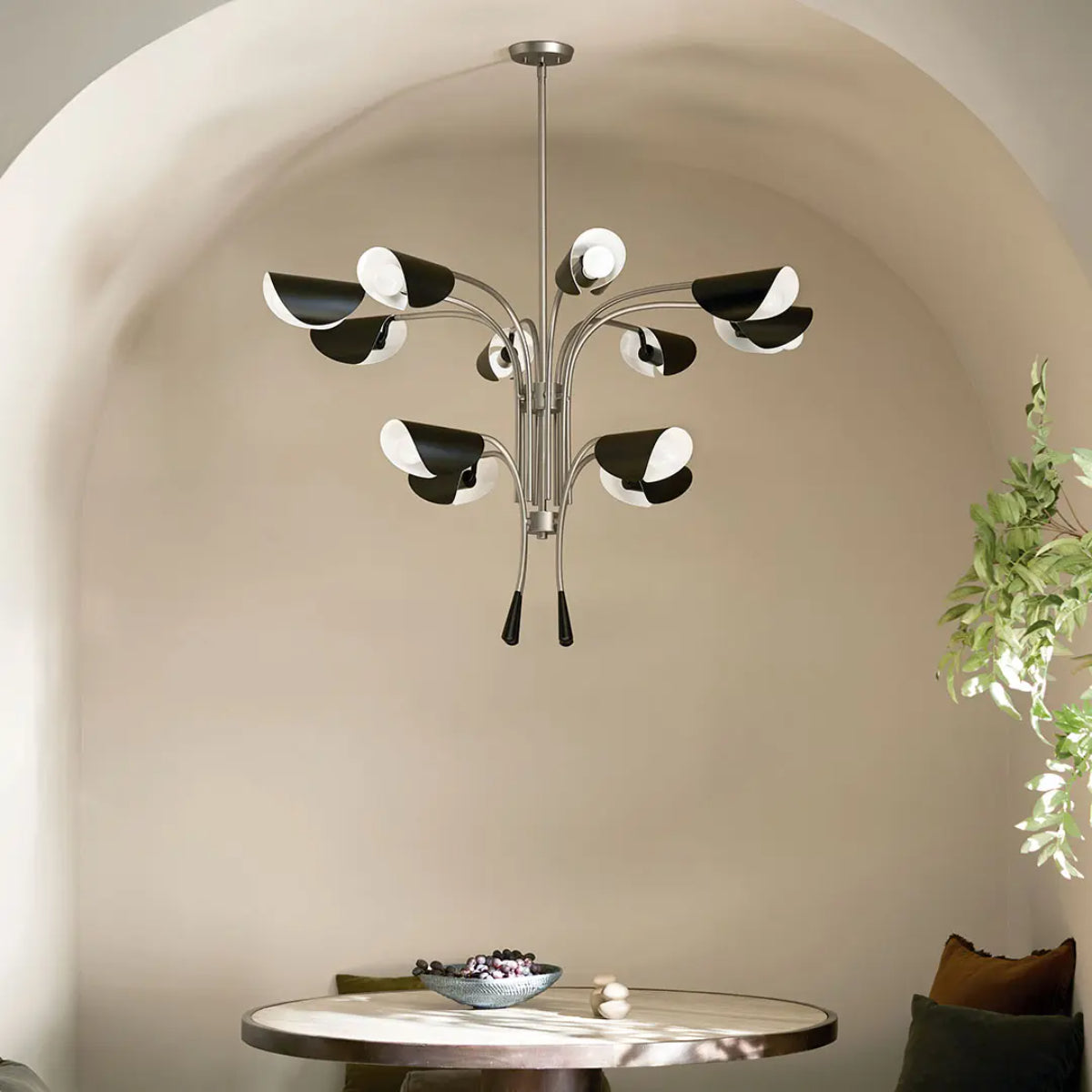 Arcus 46 in. 12 Lights Chandelier Satin Nickel Finish with Black shade - Bees Lighting