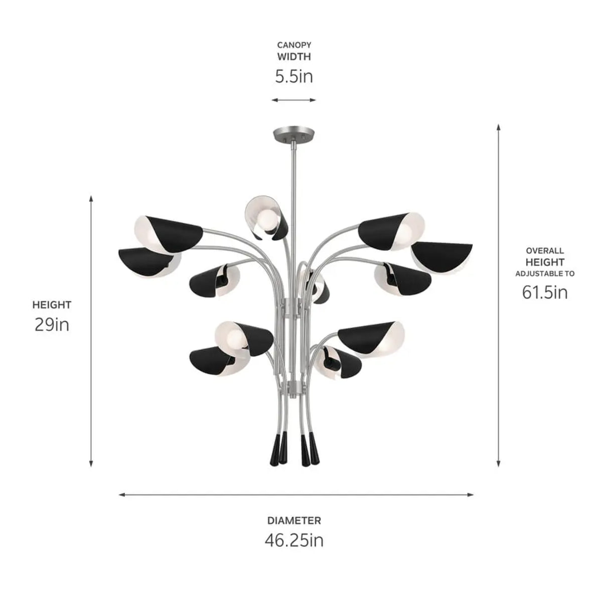 Arcus 46 in. 12 Lights Chandelier Satin Nickel Finish with Black shade - Bees Lighting