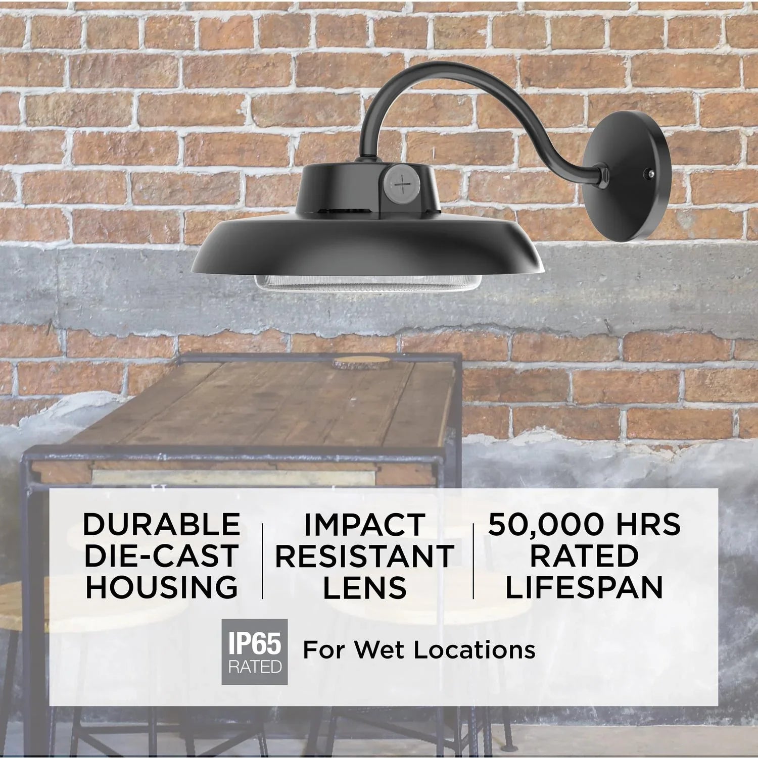 Outdoor wall light fixture on a brick wall with product features displayed.