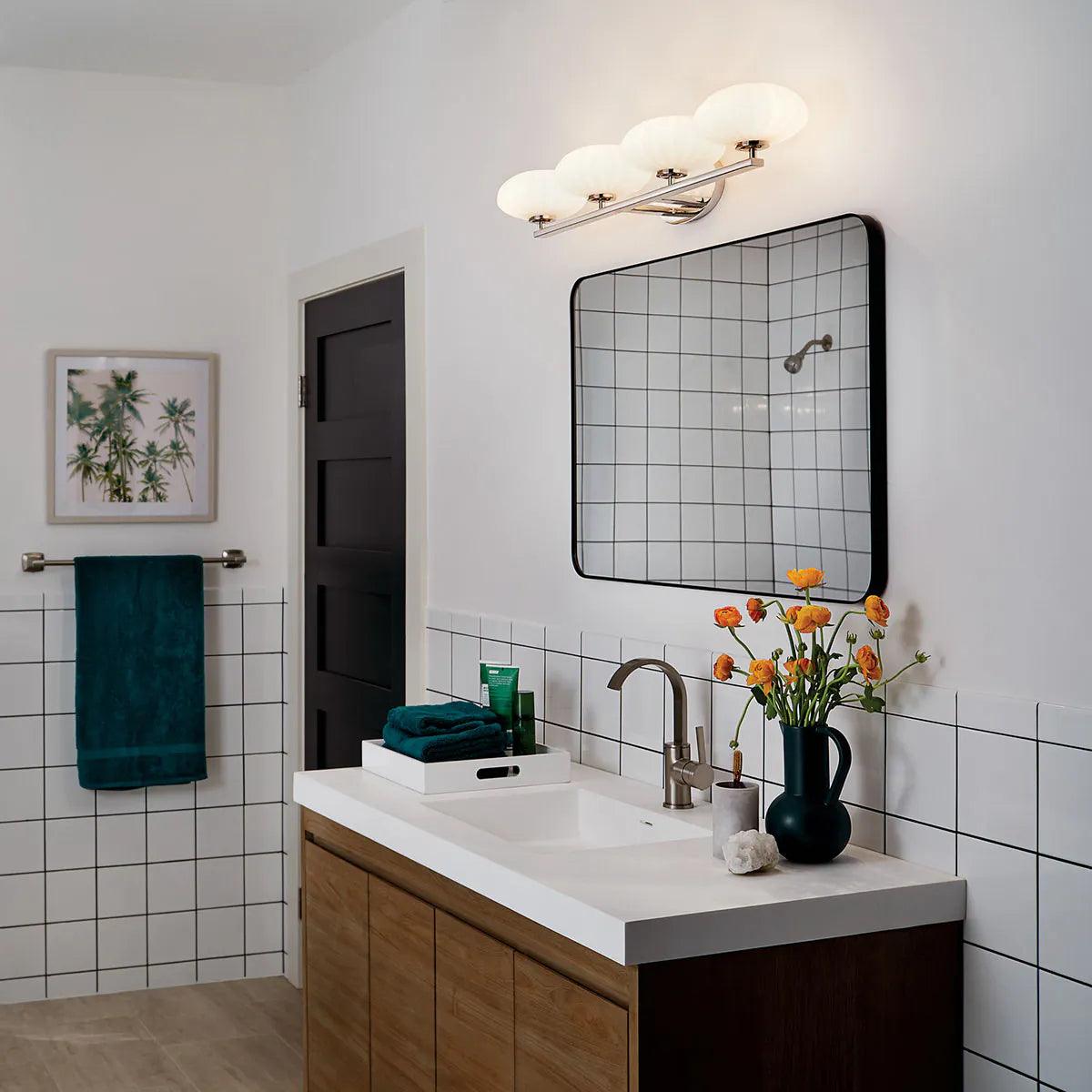 Pim 34 In 4-Lights Bathroom Vanity Light With Satin Etched Cased Opal Glass, Polished Nickel Finish - Bees Lighting