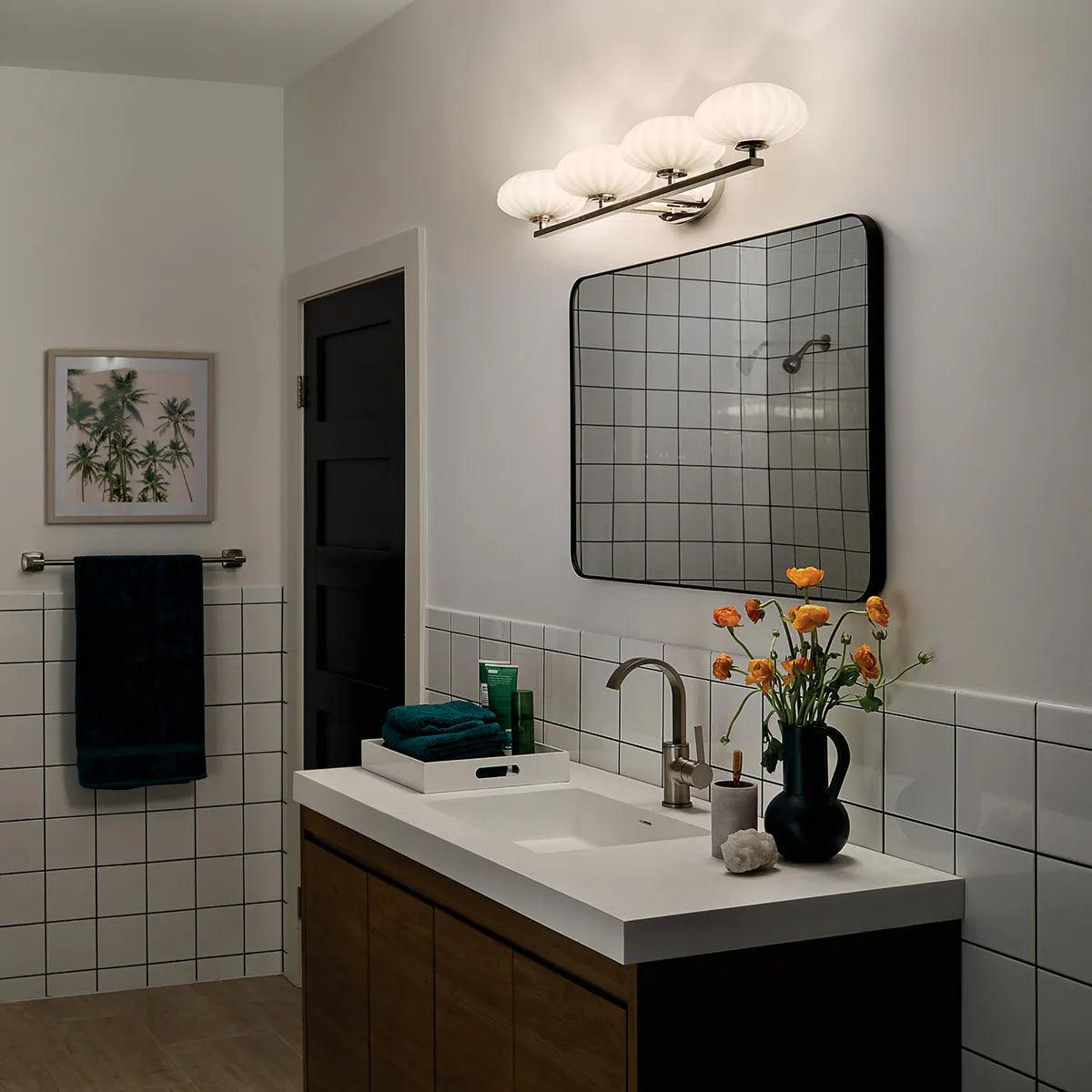 Pim 34 In 4-Lights Bathroom Vanity Light With Satin Etched Cased Opal Glass, Polished Nickel Finish - Bees Lighting
