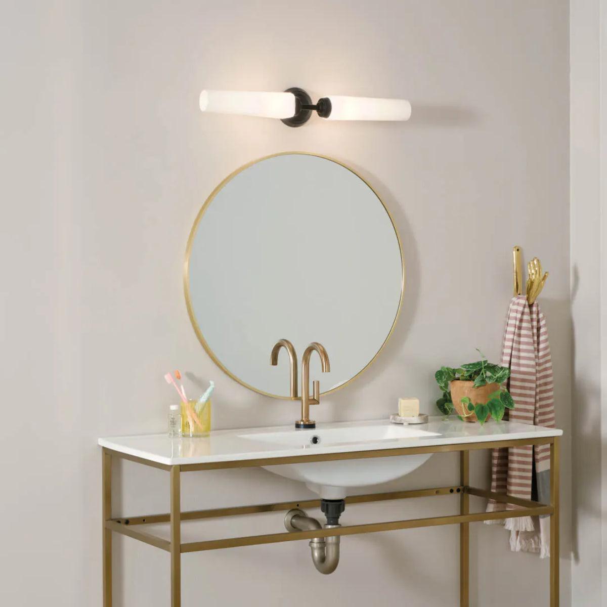 Truby 25 In 2-Lights Bathroom Vanity Light With Satin Etched Cased Opal Glass, Black Finish - Bees Lighting