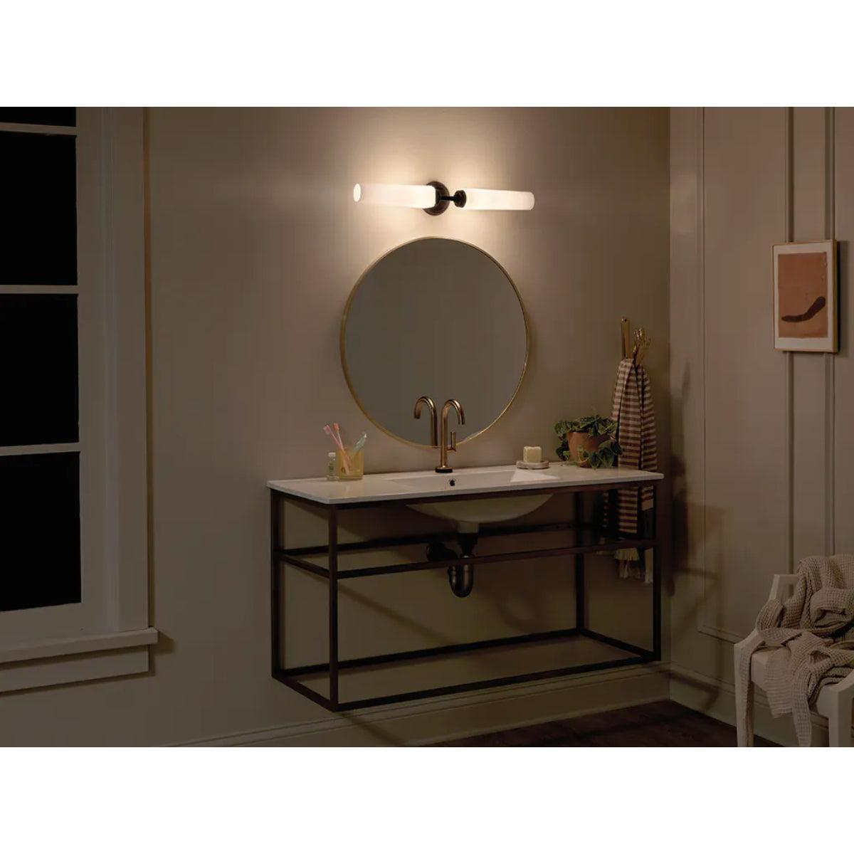 Truby 25 In 2-Lights Bathroom Vanity Light With Satin Etched Cased Opal Glass, Black Finish - Bees Lighting