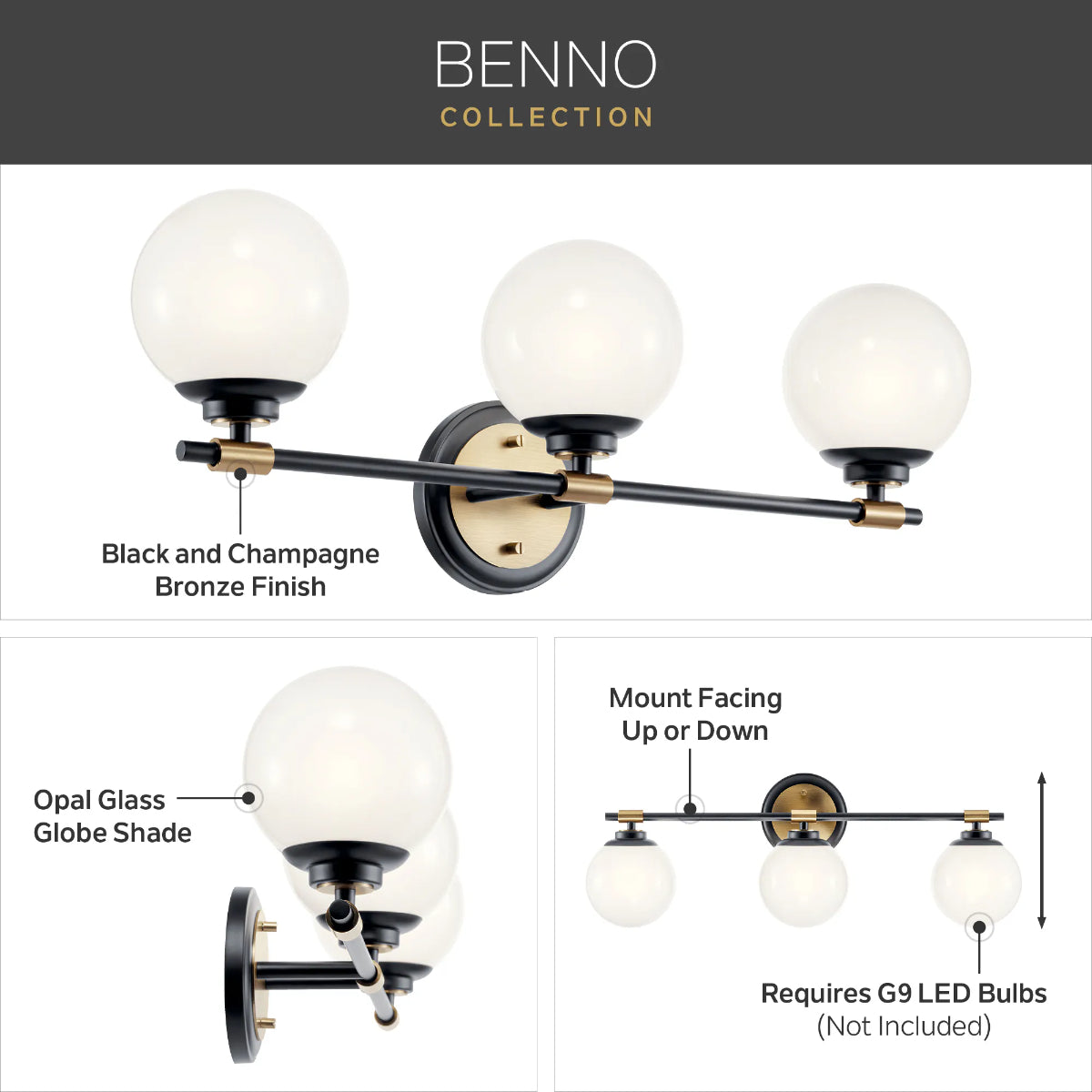 Benno 25 In 3-Lights Bathroom Vanity Light With Opal Glass, Black and Bronze Finish - Bees Lighting