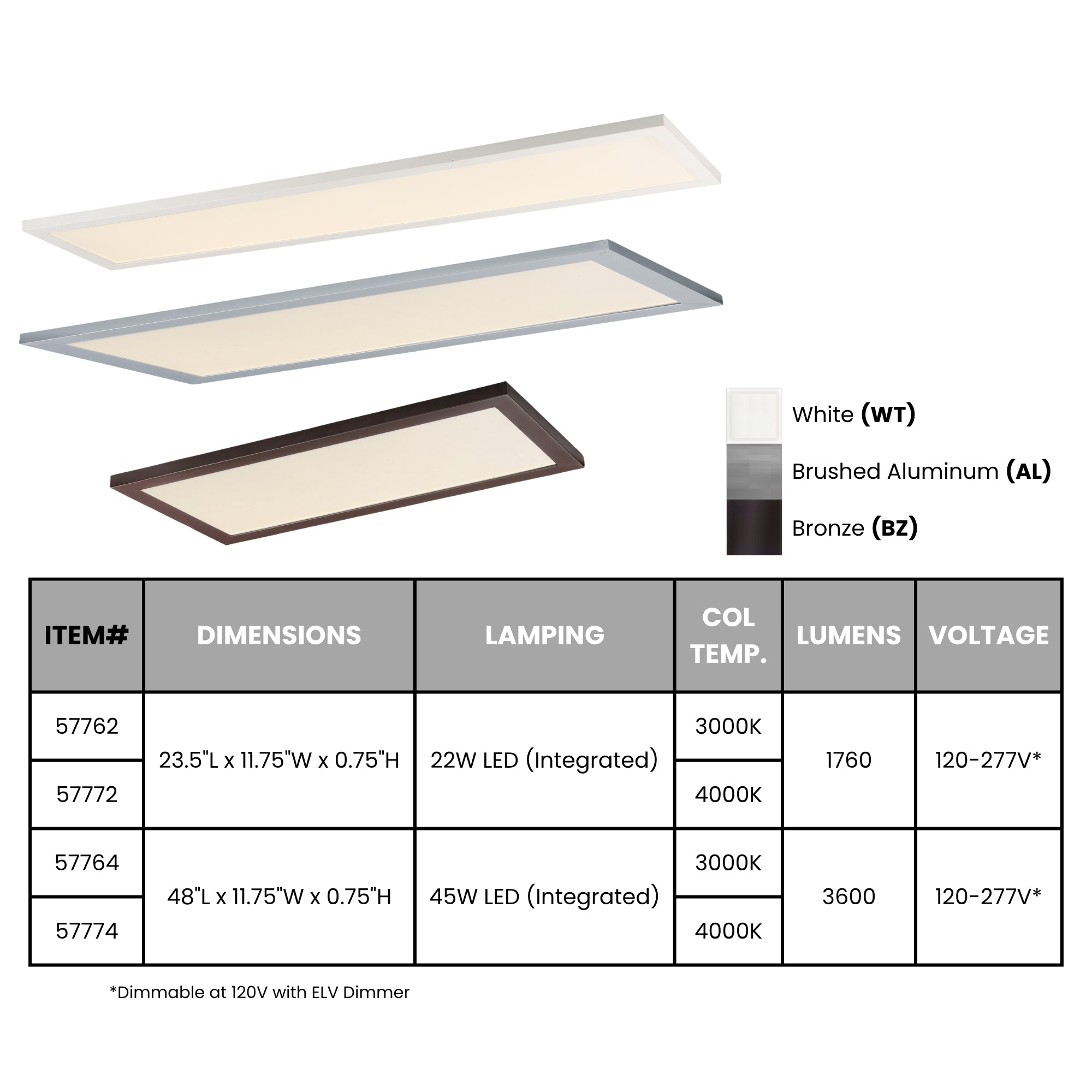 Sky 1x4 LED Flush Mount Panel, 45W, 3800lm, 3000K, 120-277V, Bronze