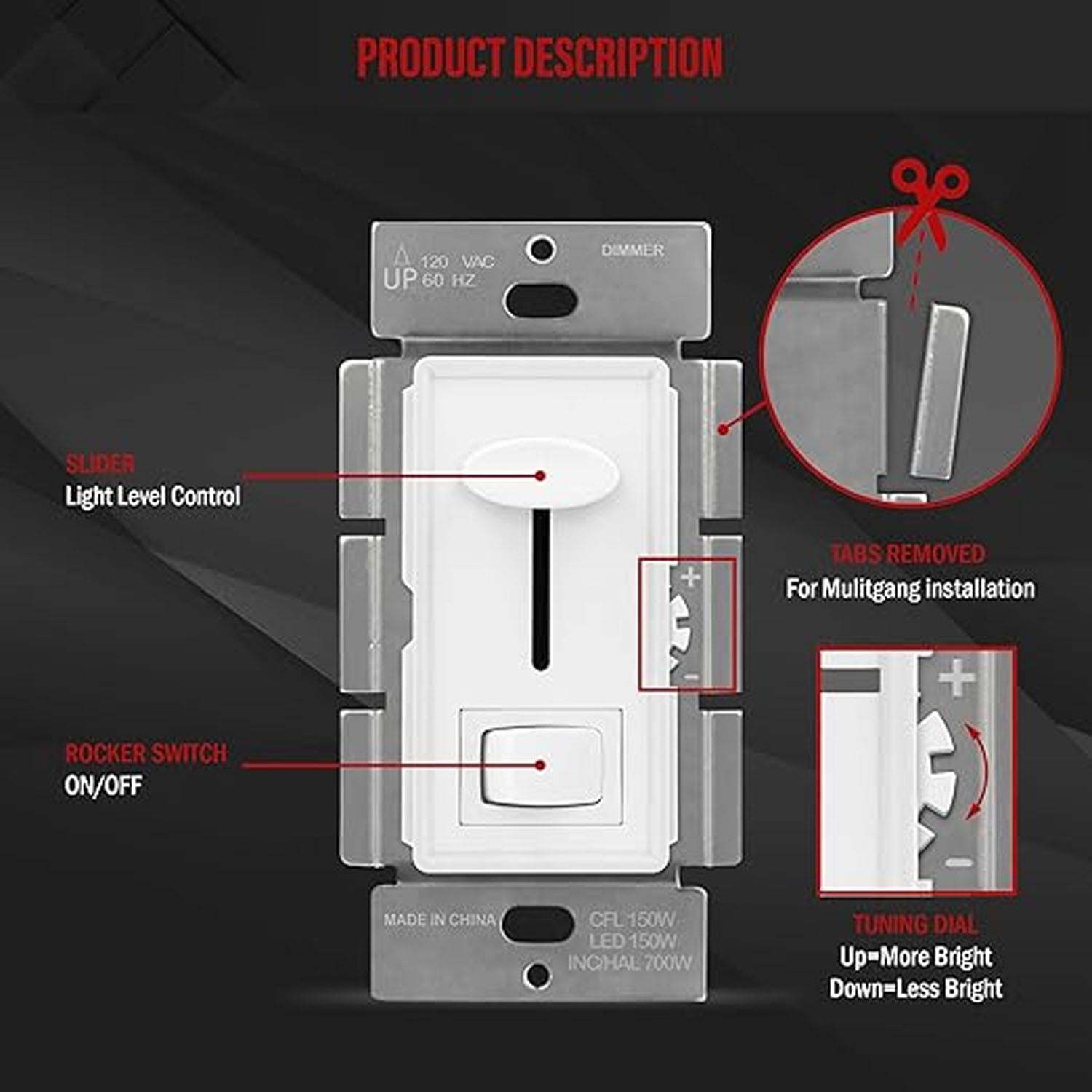 LED+ Slide Dimmer Switch, 150-Watts LED/CFL, Single Pole or 3-Way, White - Bees Lighting