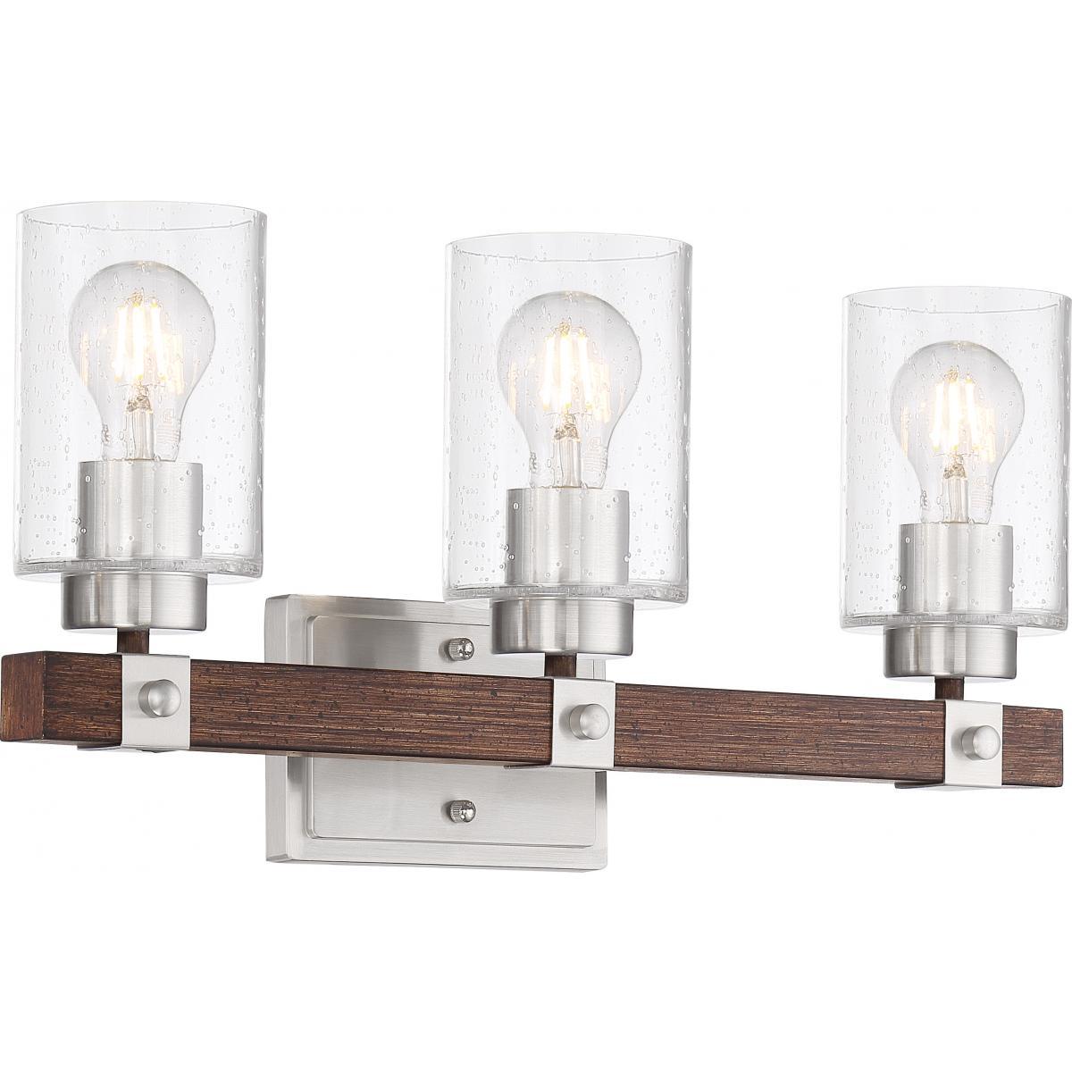 Arabel Vanity Light, Nickel and Wood Finish, Clear Seeded Glass - Bees Lighting