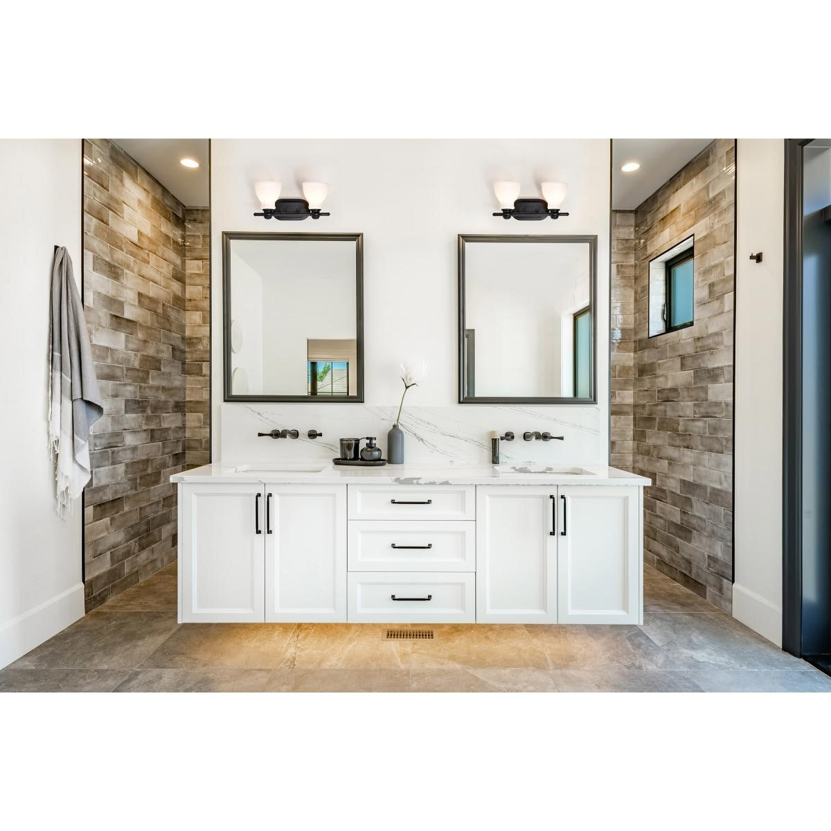 Russel Bathroom Vanity Light, Matte Black Finish, Satin White Glass