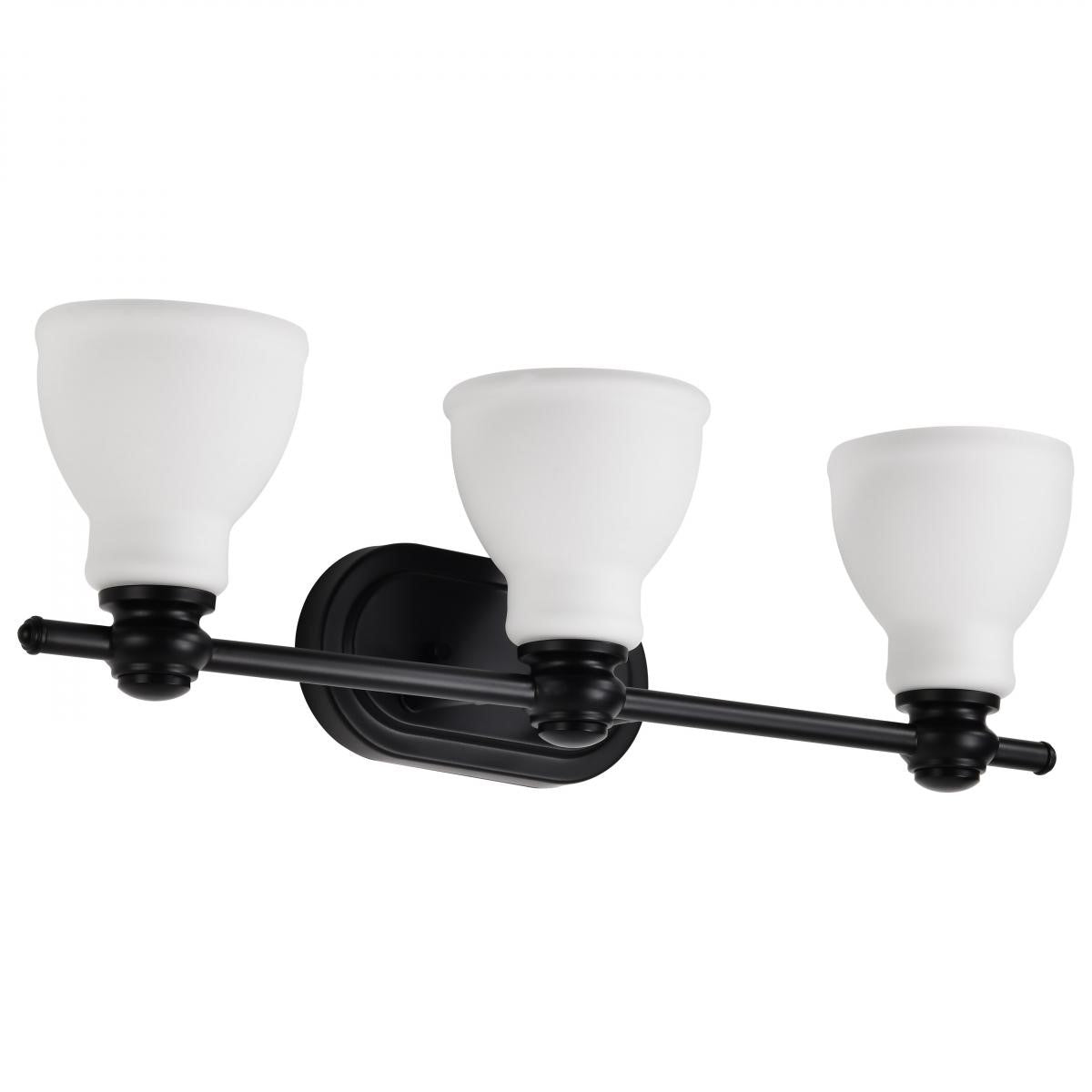 Russel Bathroom Vanity Light, Matte Black Finish, Satin White Glass