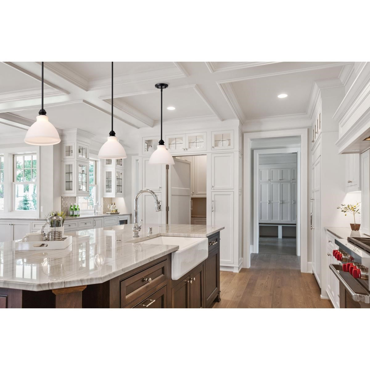 Russel Pendant Light, Matte Black Finish, Satin White Glass - Bees Lighting