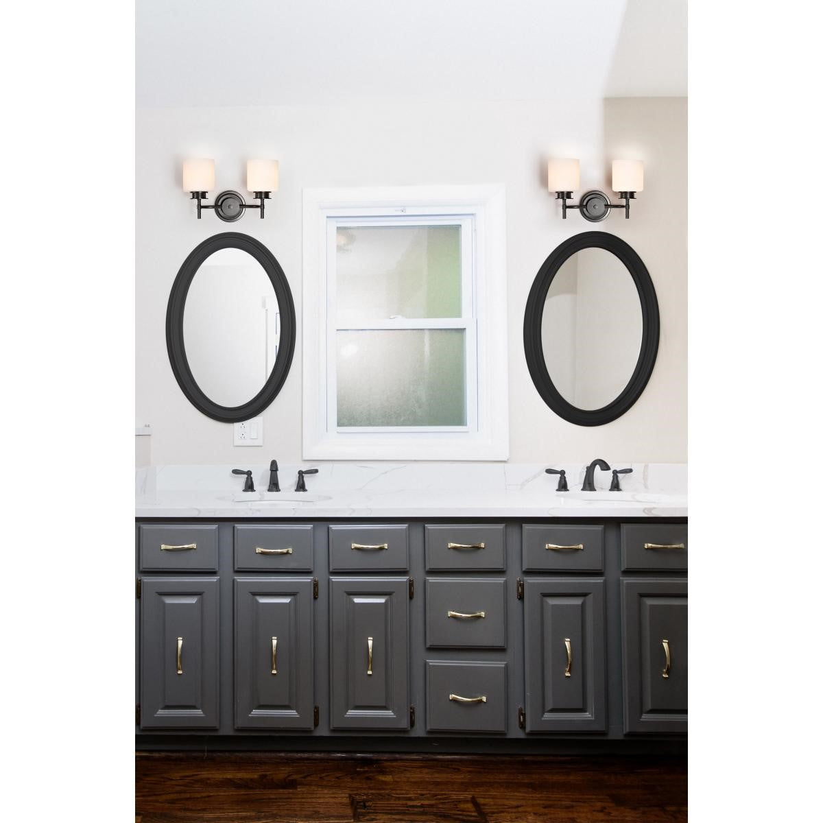 Warren Bathroom Vanity Light, Gun Metal Finish, Satin White Glass