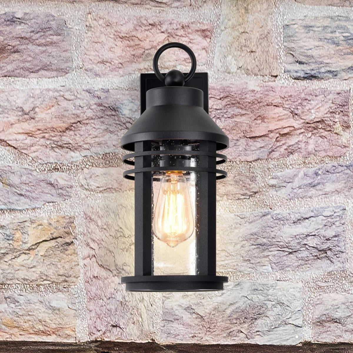 Wilton 1 Light Outdoor Wall Light, Matte Black Finish, Clear Seeded Glass - Bees Lighting