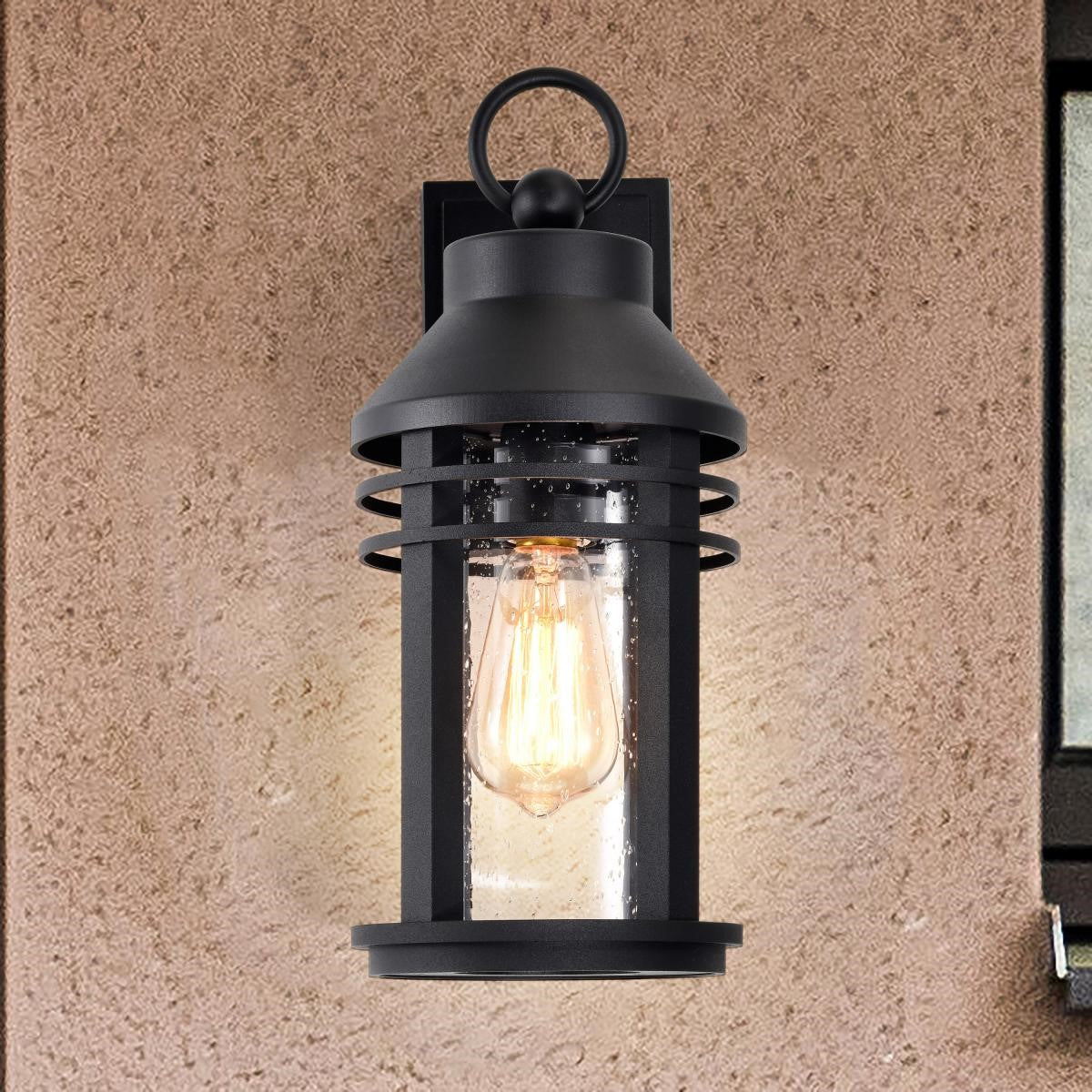 Wilton 1 Light Outdoor Wall Light, Matte Black Finish, Clear Seeded Glass - Bees Lighting