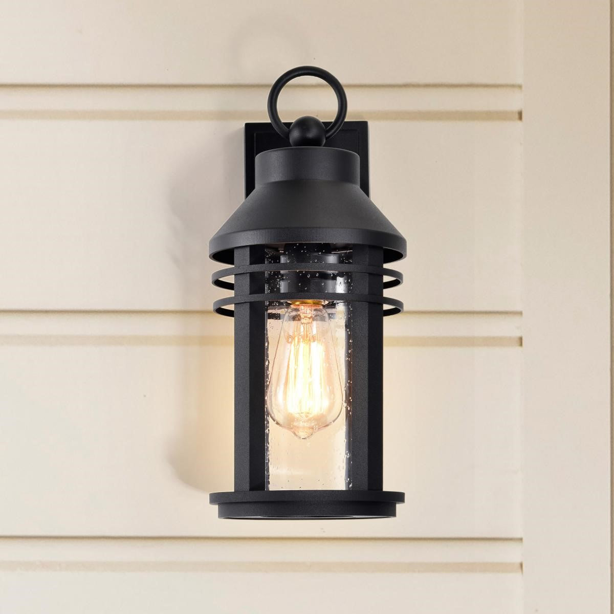 Wilton 1 Light Outdoor Wall Light, Matte Black Finish, Clear Seeded Glass - Bees Lighting