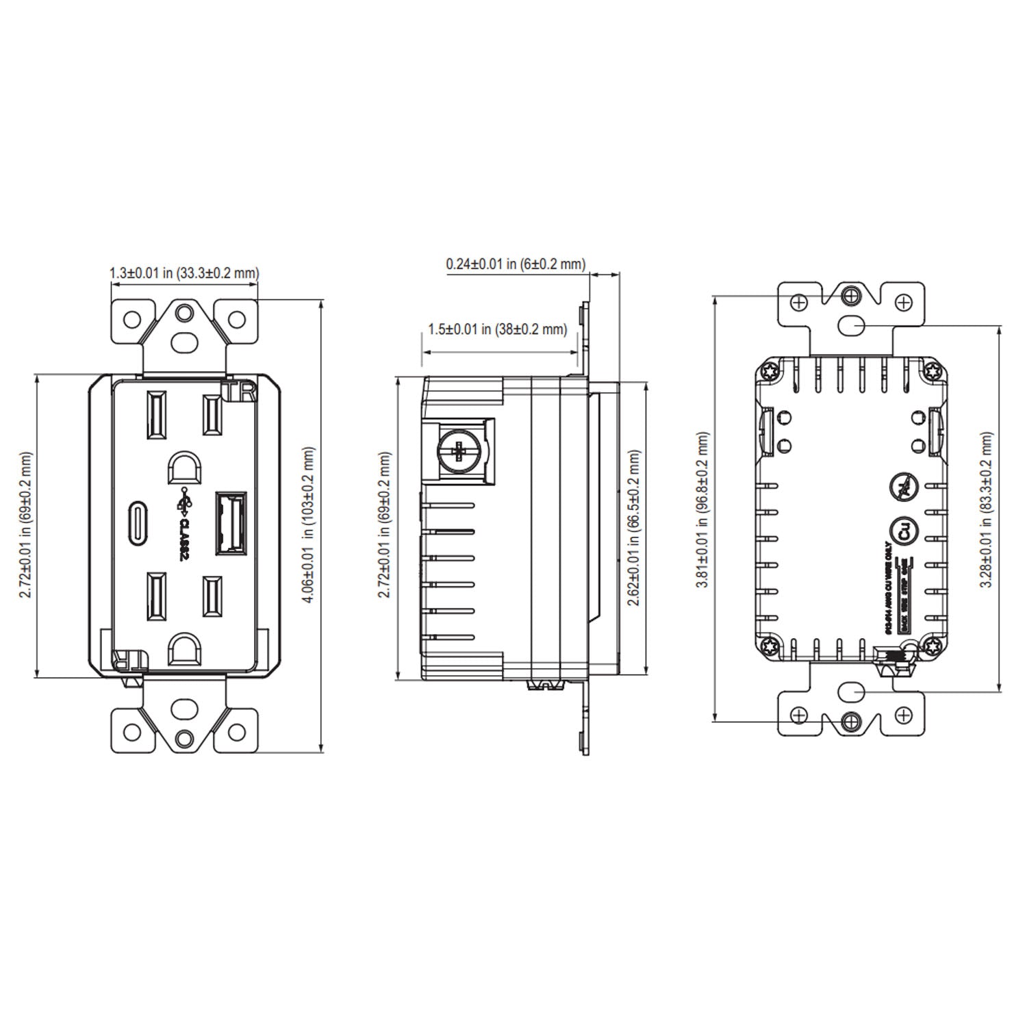 15 Amp Tamper-Resistant Duplex Receptacle with 3.6A USB-C/A Outlet, White - Bees Lighting