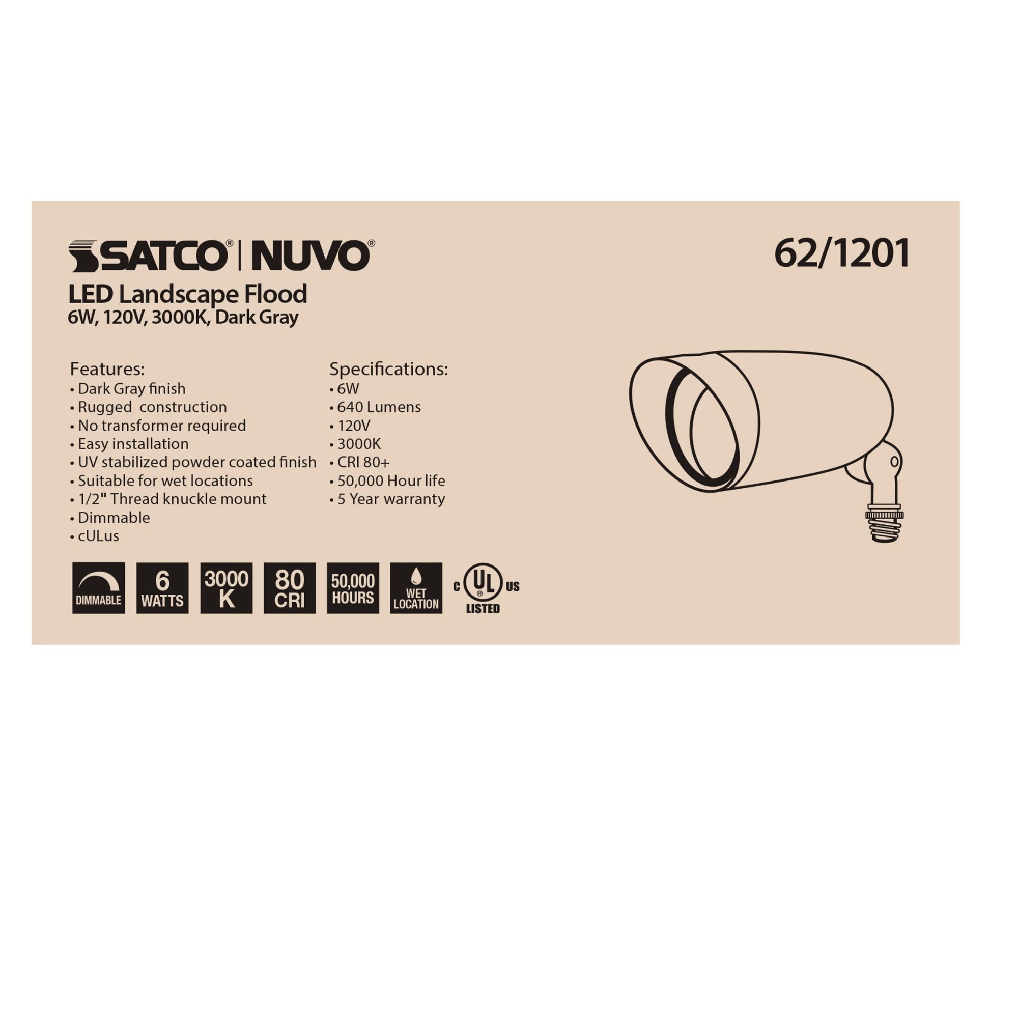 LED Landscape Flood Light 6 Watts 640 Lumens 3000K 120V Dark Gray Finish