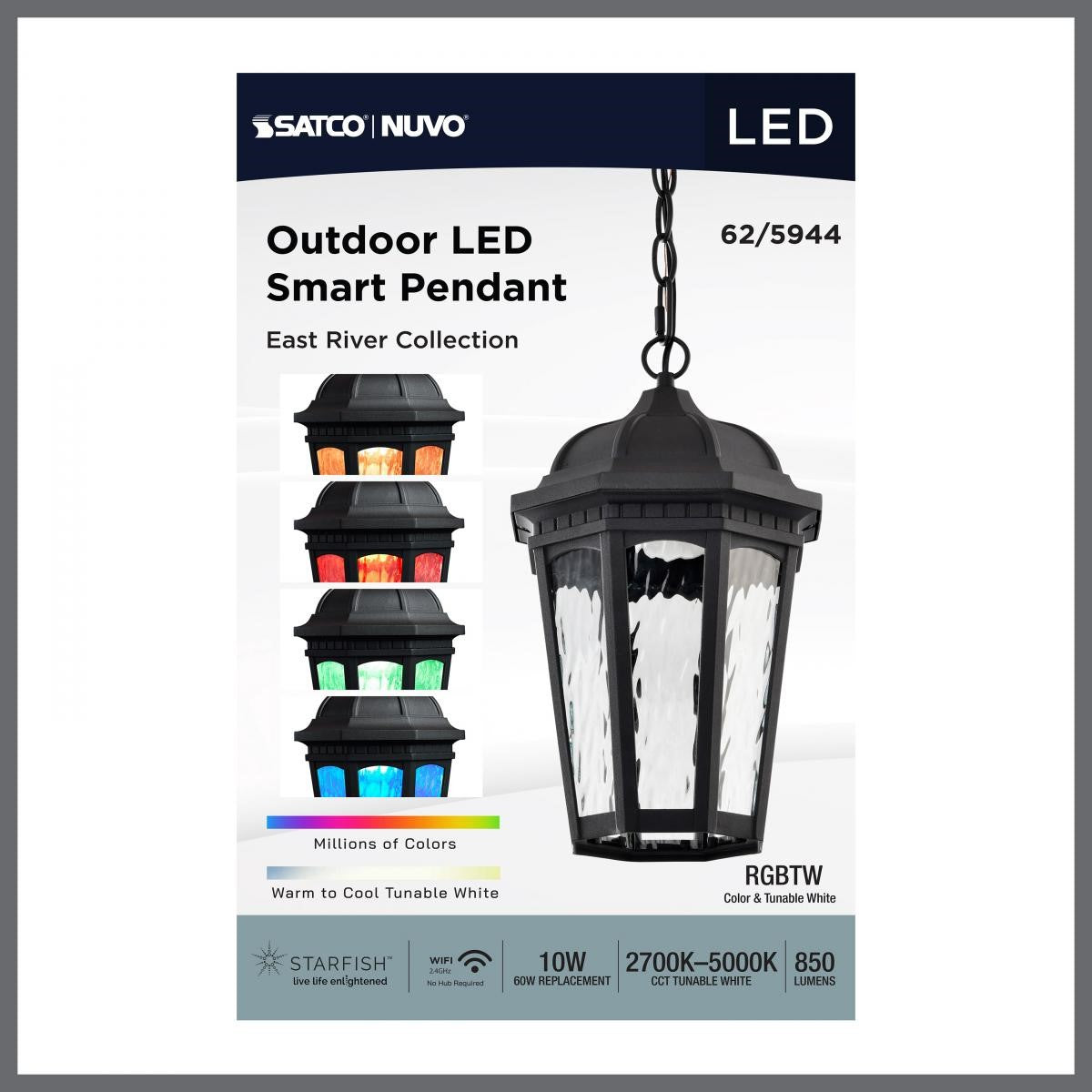 East River Starfish 15" Smart LED Outdoor Hanging Light, RGBTW, Matte Black Finish - Bees Lighting