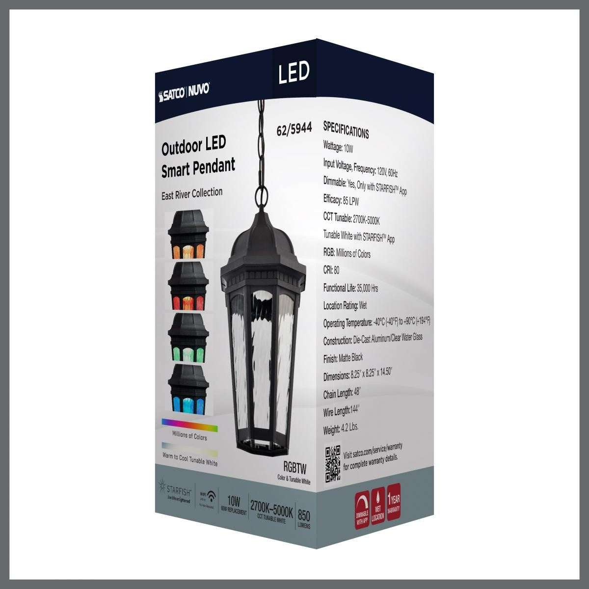 East River 15" Smart LED Outdoor Hanging Light, RGBTW, Matte Black Finish - Bees Lighting