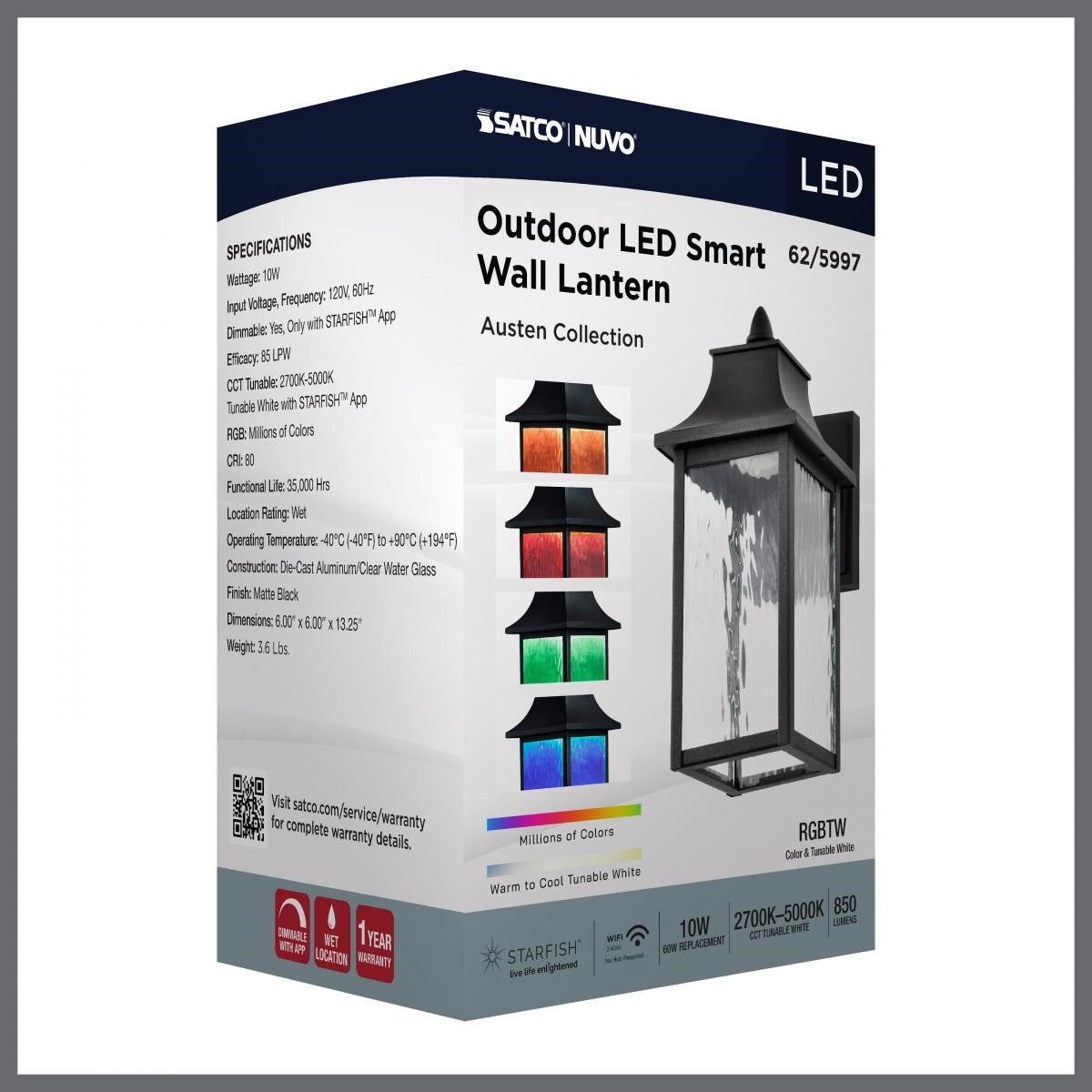 Austen Starfish 13" Smart LED Outdoor Wall Light, RGBTW, Matte Black Finish - Bees Lighting