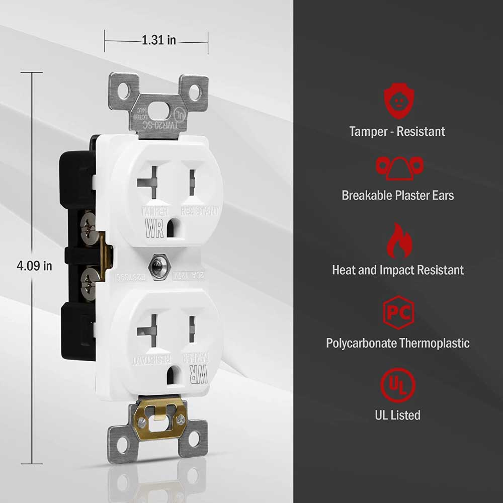 Commercial Grade 20 Amp Tamper and Weather-Resistant Duplex Outlet, White - Bees Lighting
