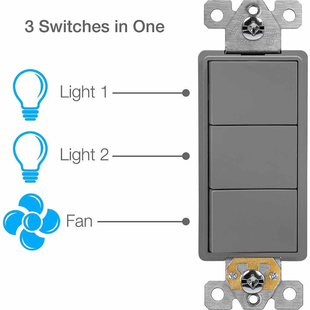 Triple Rocker Light Switch, Single Pole, Gray - Bees Lighting