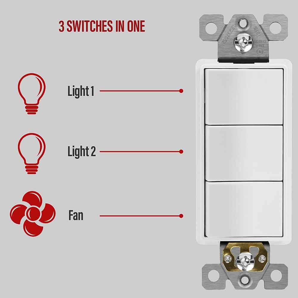 Triple Rocker Light Switch, Single Pole, White - Bees Lighting